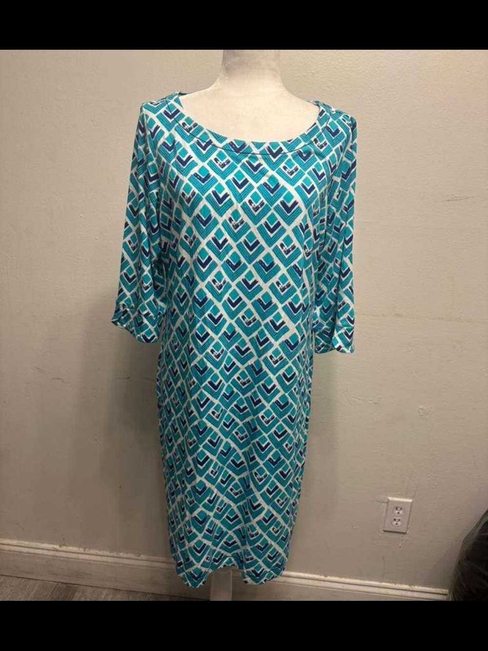 Hatley Teal and White Geometric Long Sleeve Dress